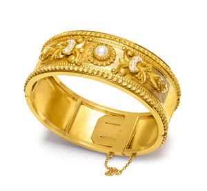 Antique French 18K Gold Wide Bangle Bracelet with Pearls