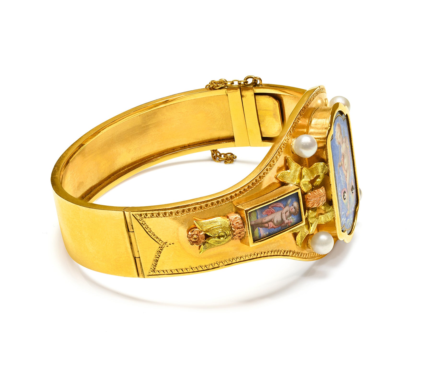 Victorian Gold Bracelet Enamel Cherubs Pearls
