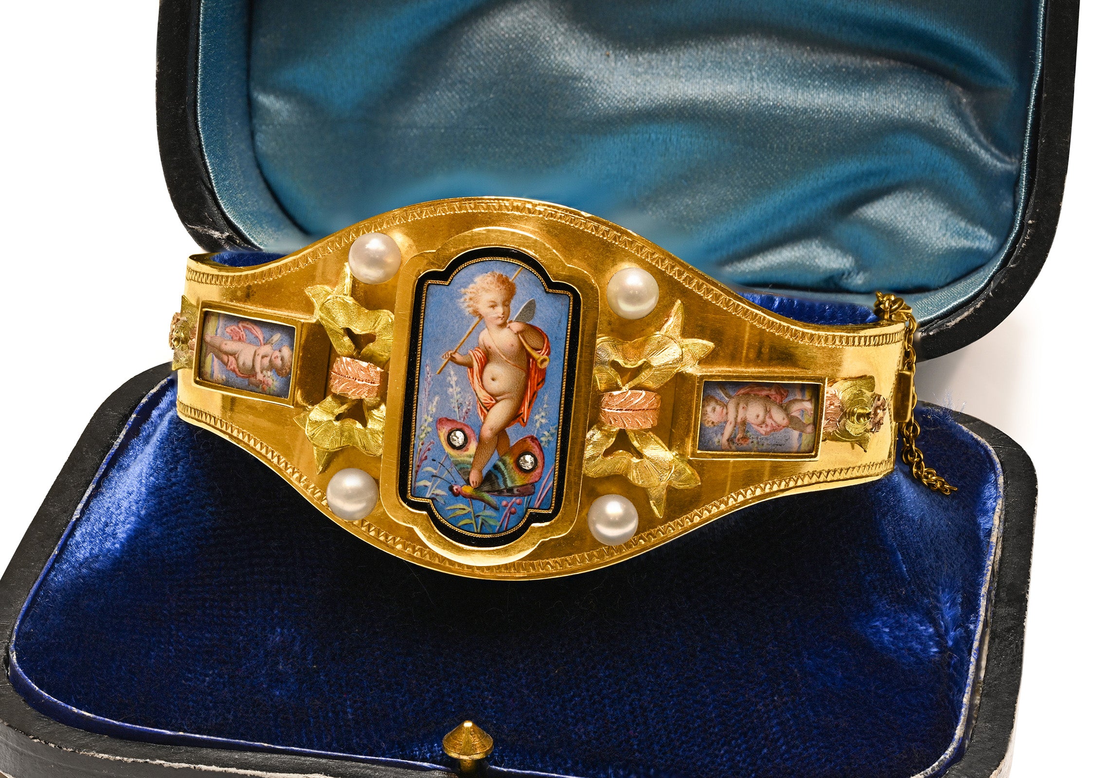 Antique Victorian Gold Bracelet Enamel Cherubs Pearls Box 