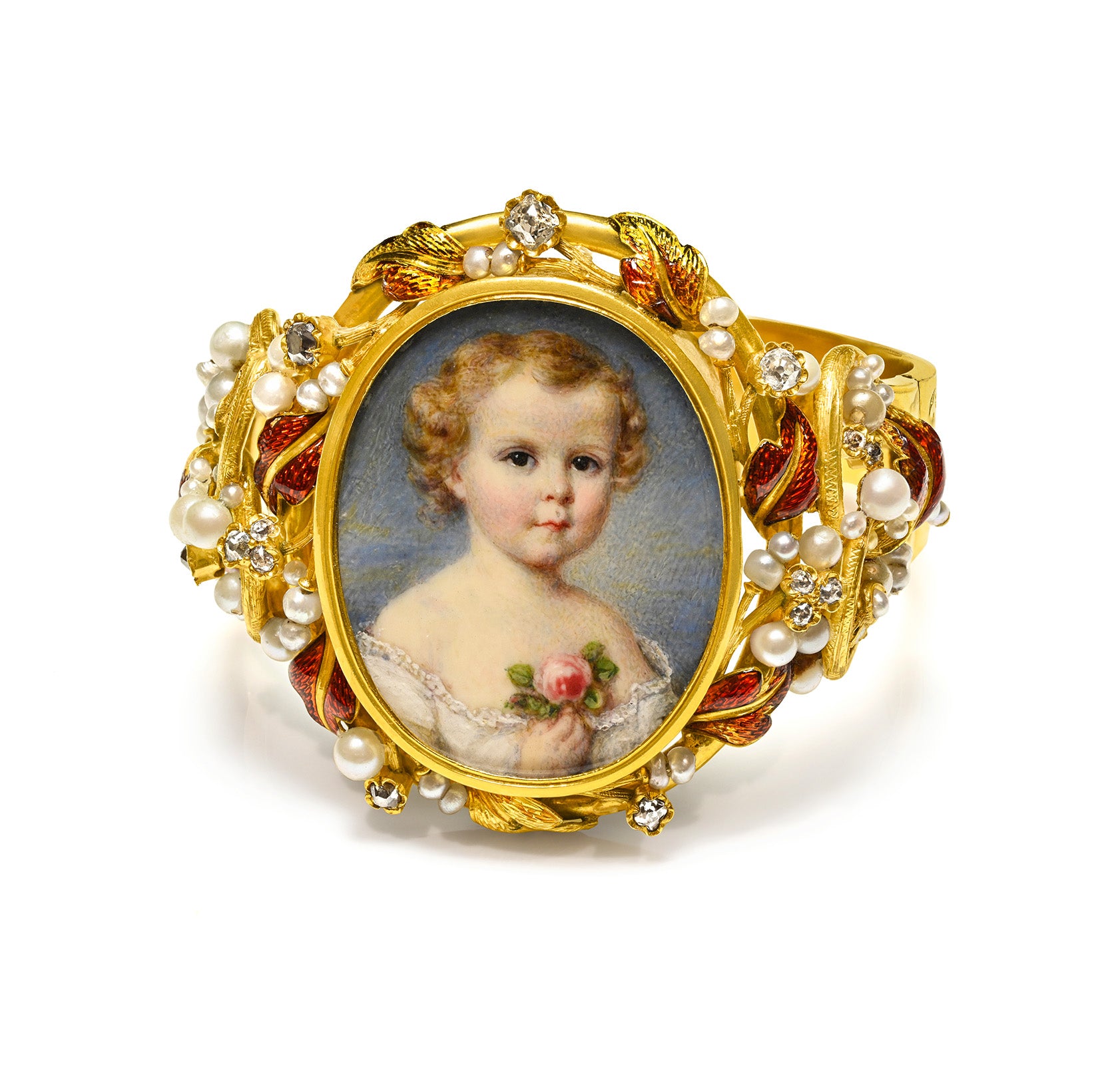 Antique Victorian Gold Portrait Bracelet Pearls Enamel Diamond