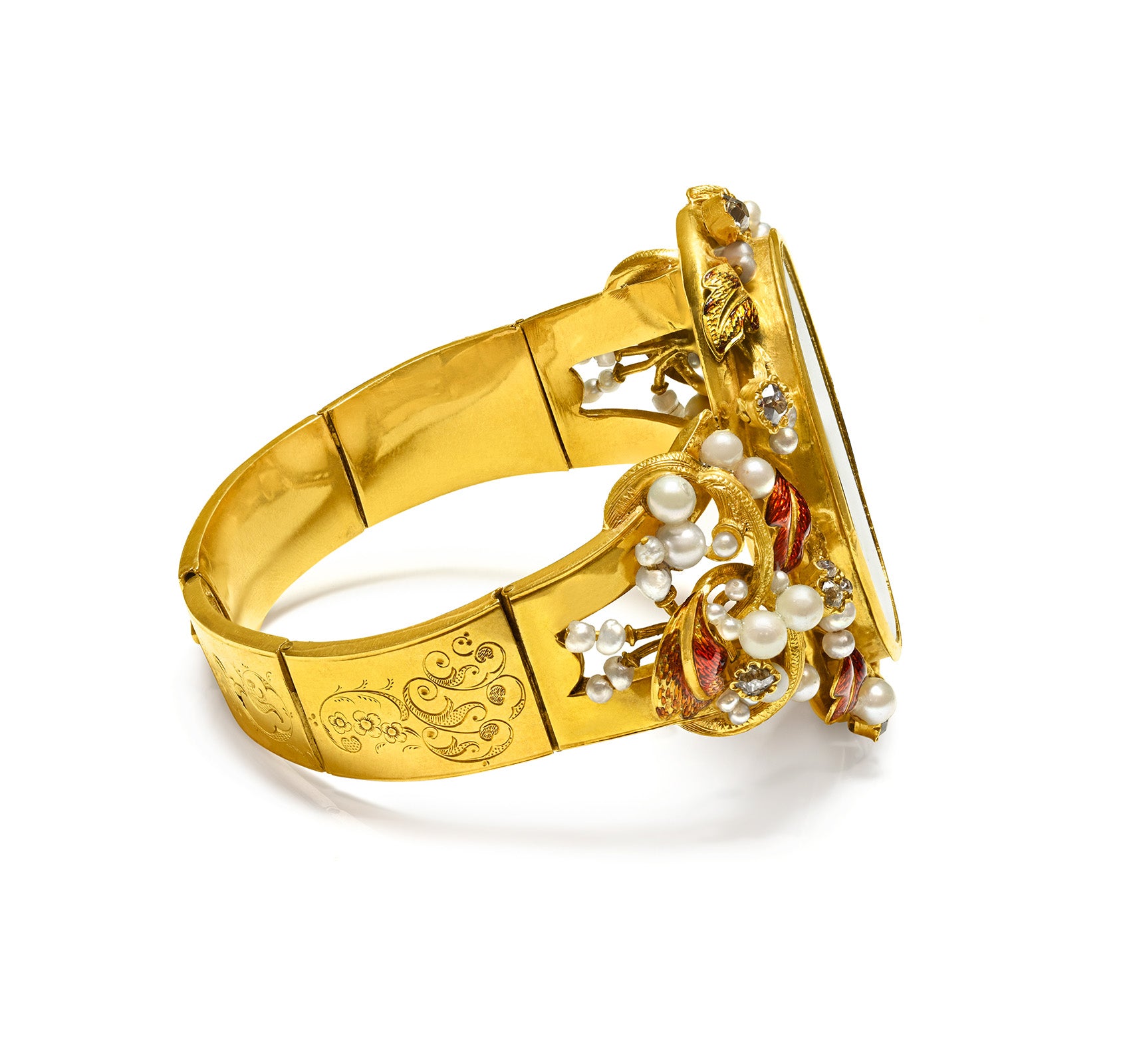 Antique Victorian Gold Portrait Bracelet with Pearls, Enamel & Diamonds