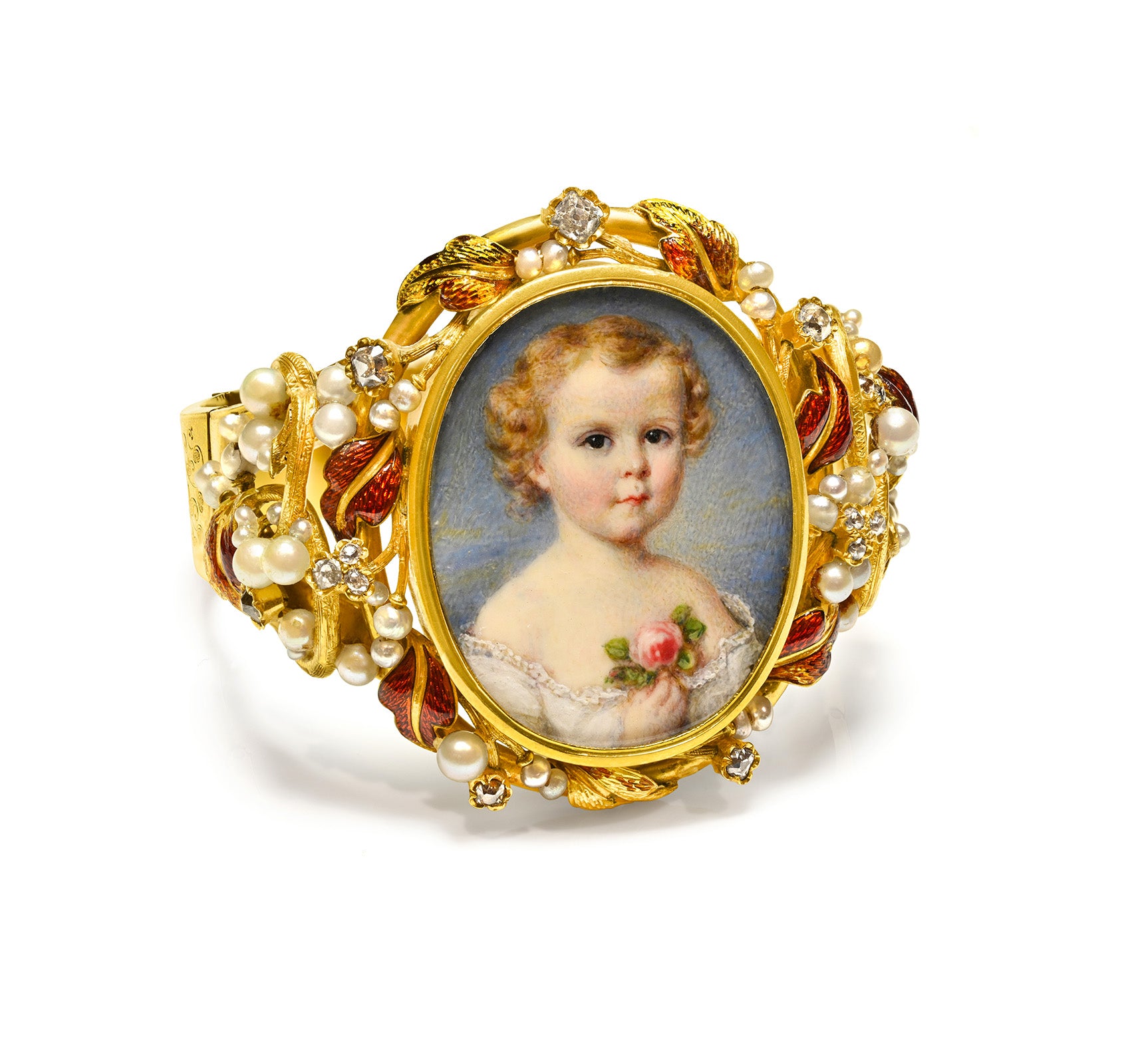 Victorian Gold Portrait Bracelet Pearls Enamel Diamonds