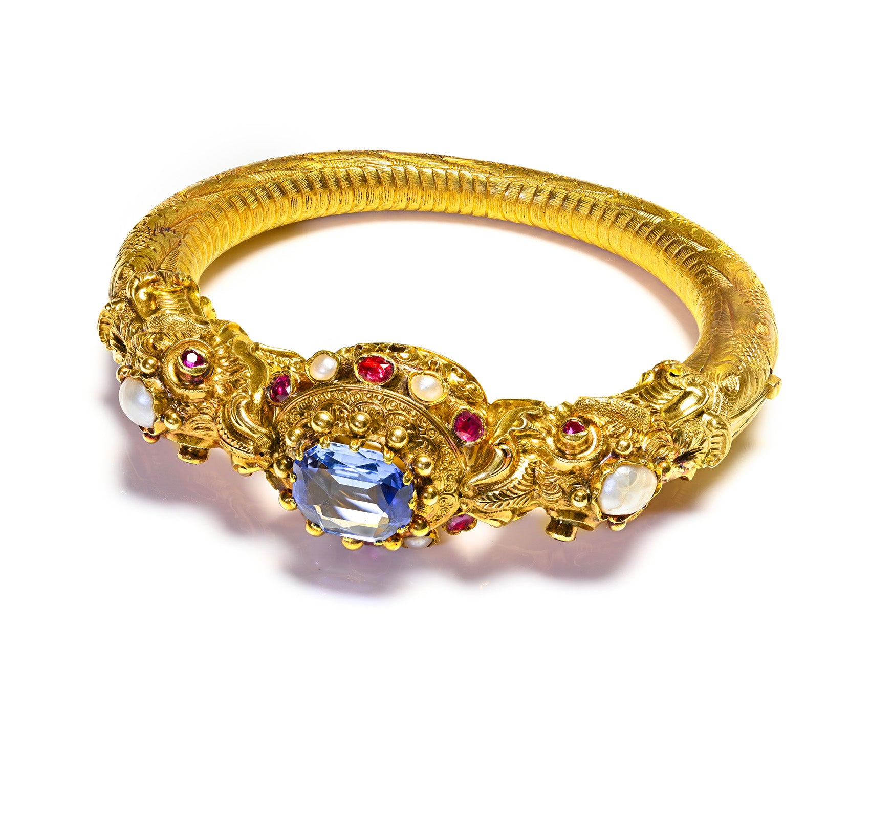 Exquisite Antique Unheated Ceylon Sapphire Ruby Pearl Gold Bracelet