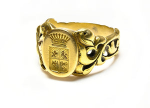 Antique French Art Nouveau Carved Gold Crown Crest Ring