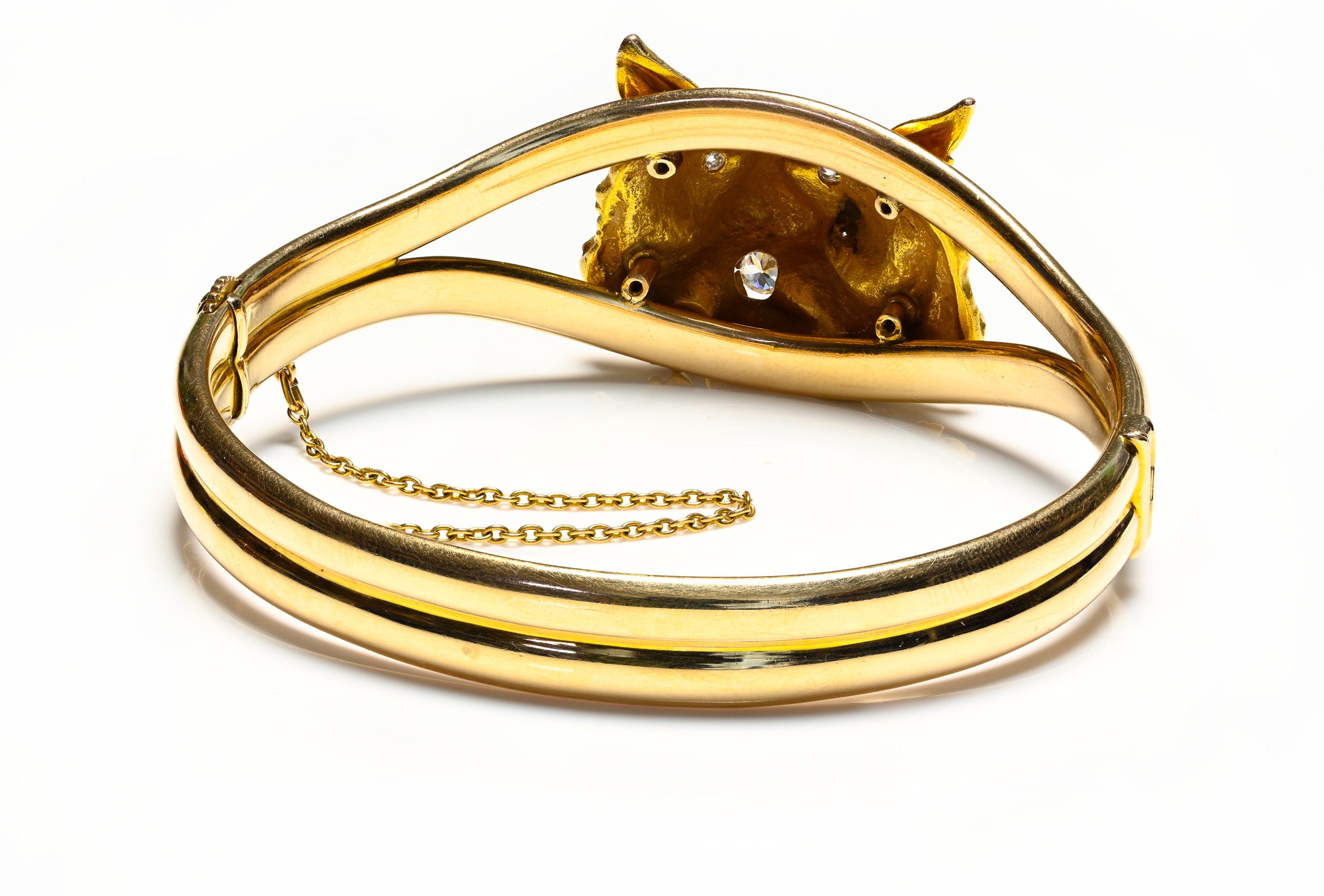 Antique Yellow Gold Diamond Cat Bangle Bracelet