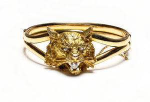 Antique Yellow Gold Diamond Cat Bangle Bracelet