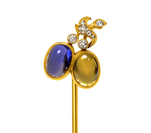 Antique Austrian Hallmarked Gold Stick Pin with Sapphire, Diamond Citrine
