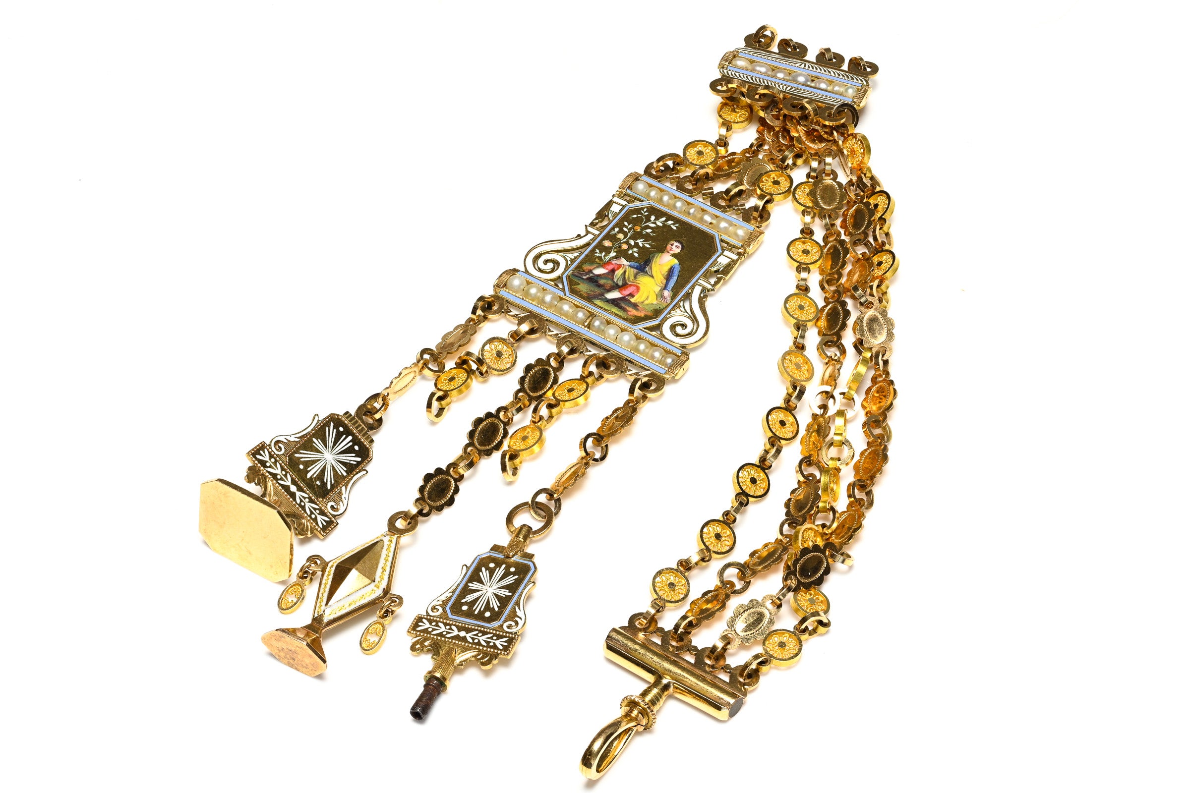 Antique 18K Gold Chatelaine with Enamel Painting, Napoleonic Era c.1810