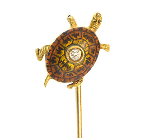 Antique Yellow Gold Black Enamel Diamond Turtle Stick Pin