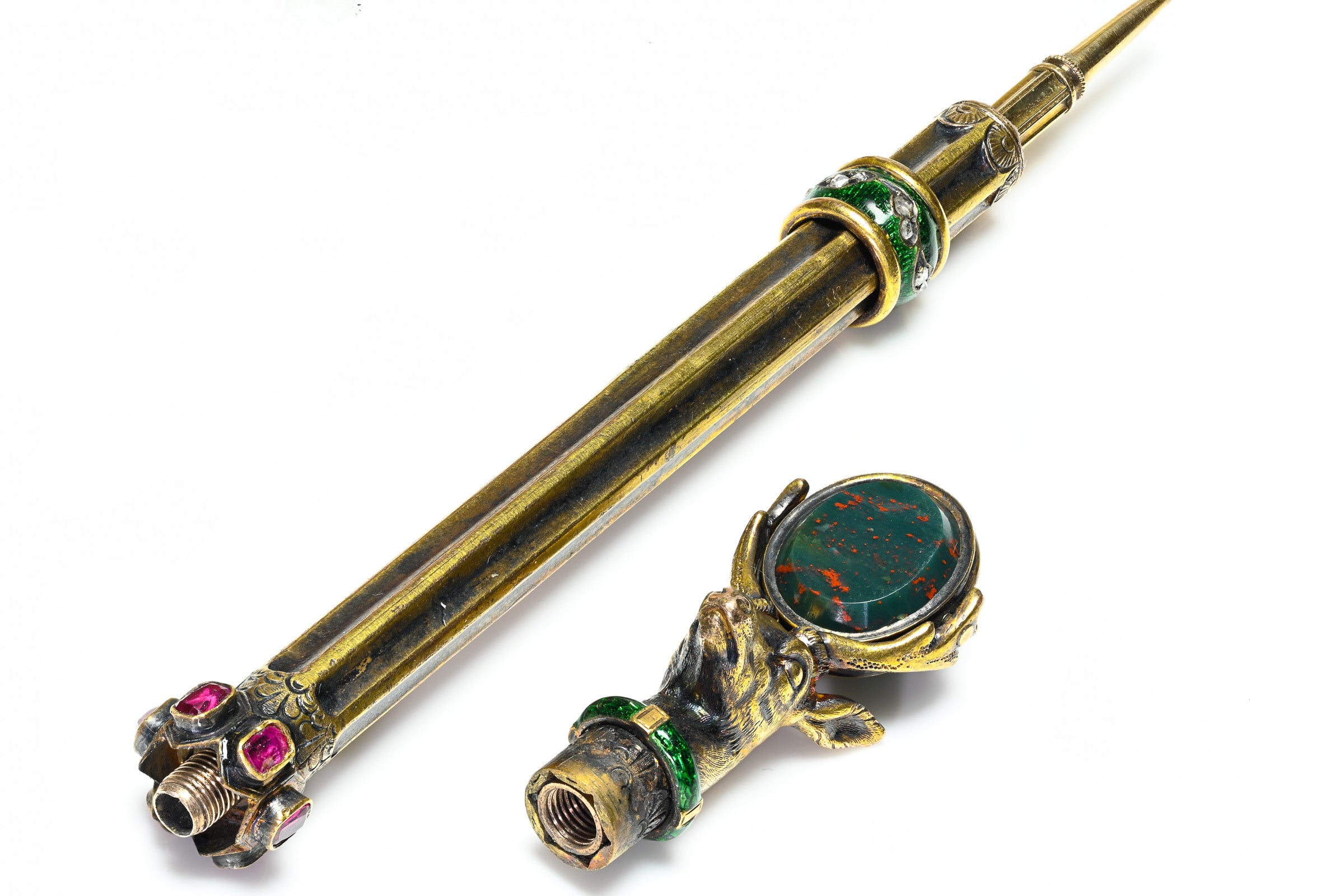 Antique Gold Mechanical Pencil and Seal Ruby, Diamond, Enameled Deer Head