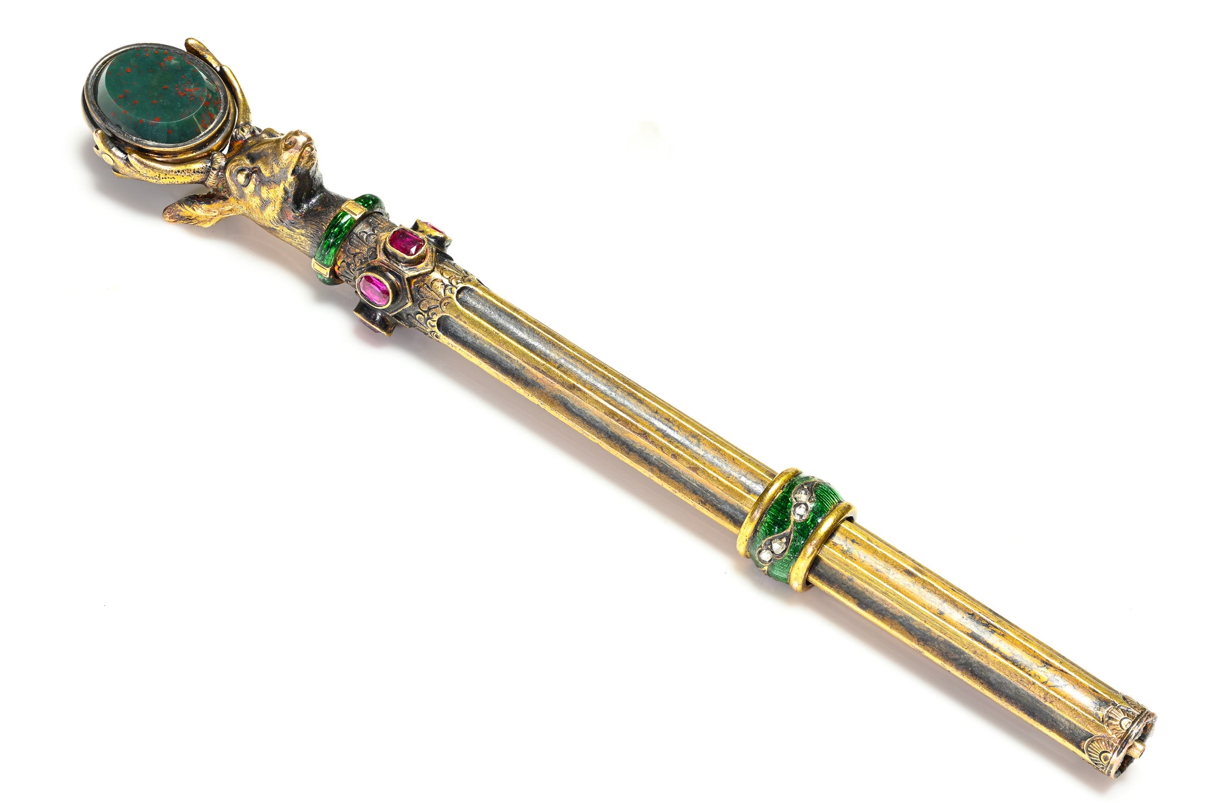 Antique Gold Mechanical Pencil and Seal with Ruby, Diamond, Enameled Deer Head