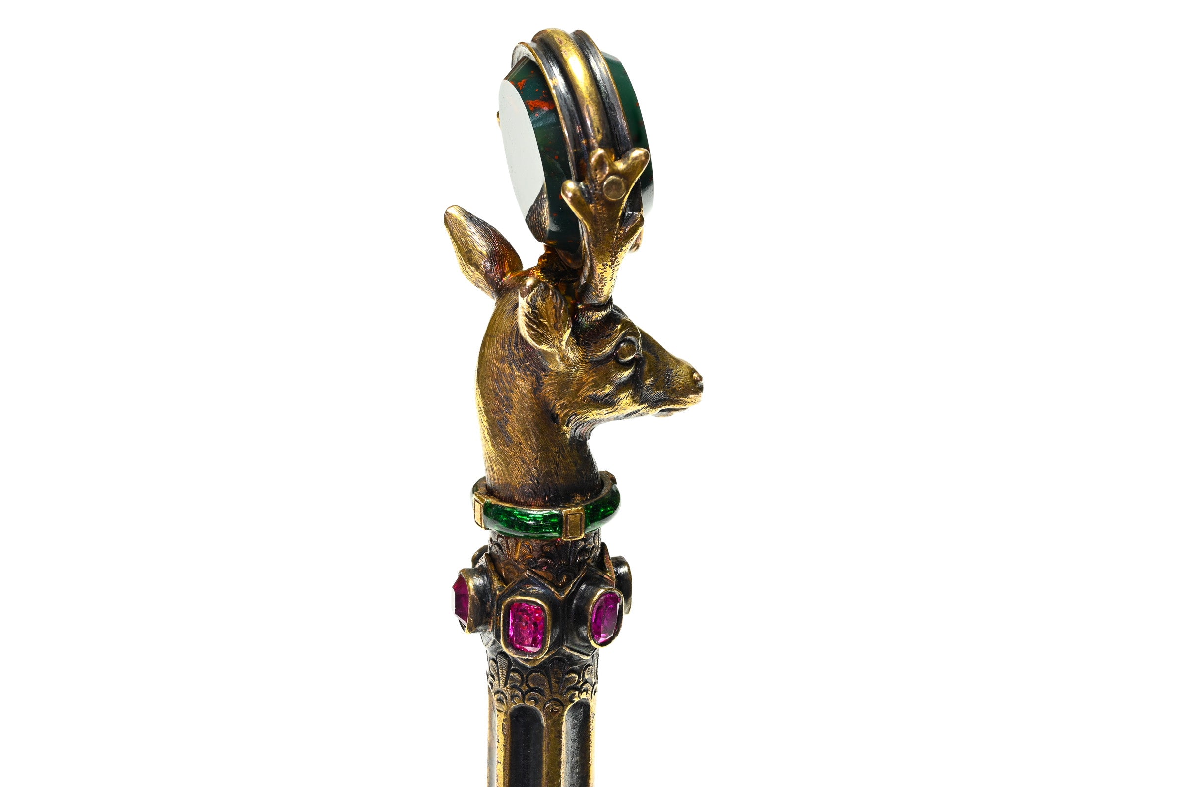 Antique Gold Mechanical Pencil and Seal with Ruby, Diamond, Enameled Deer Head