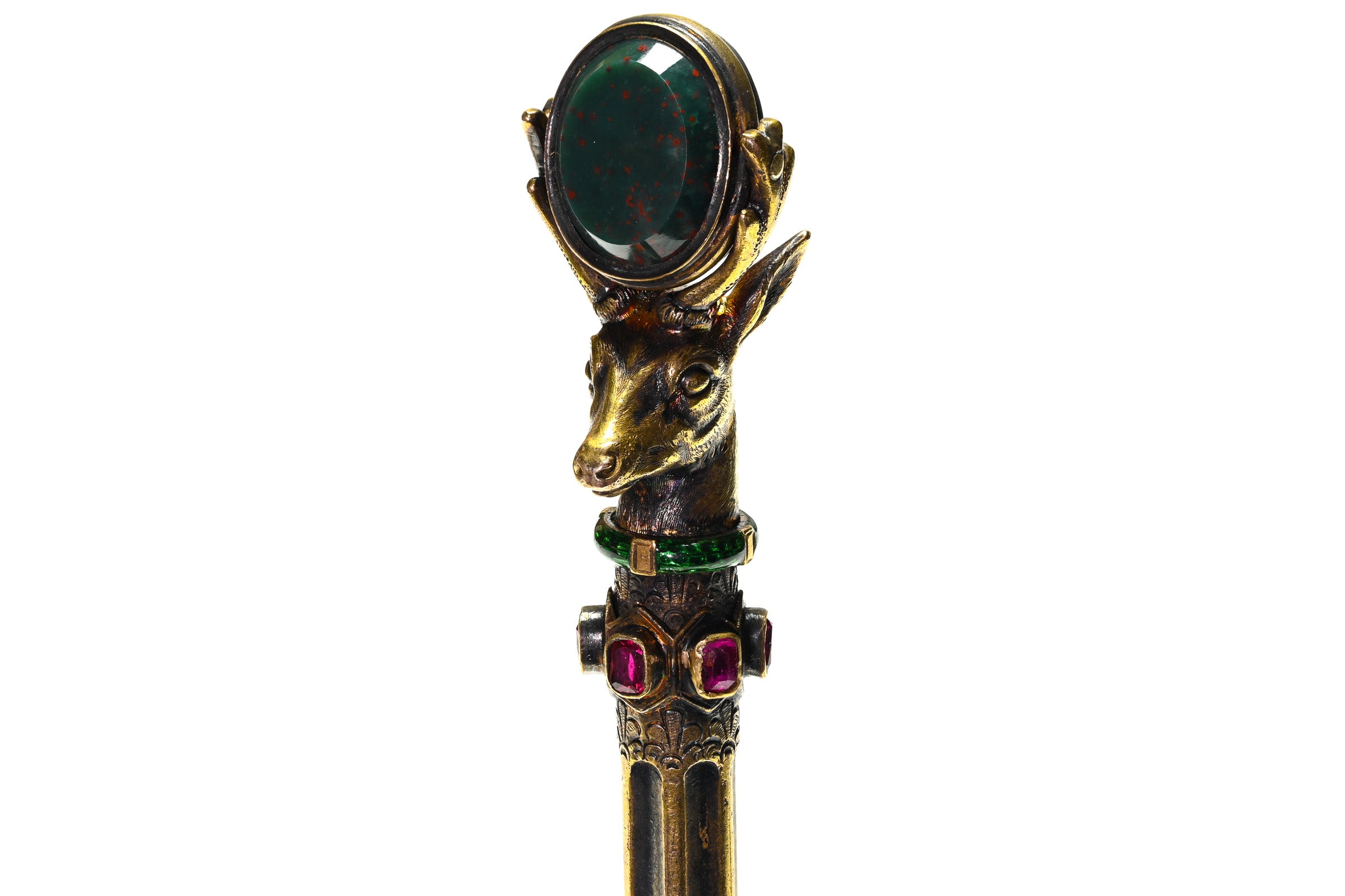 Antique Gold Mechanical Pencil and Seal with Ruby, Diamond, Enameled Deer Head