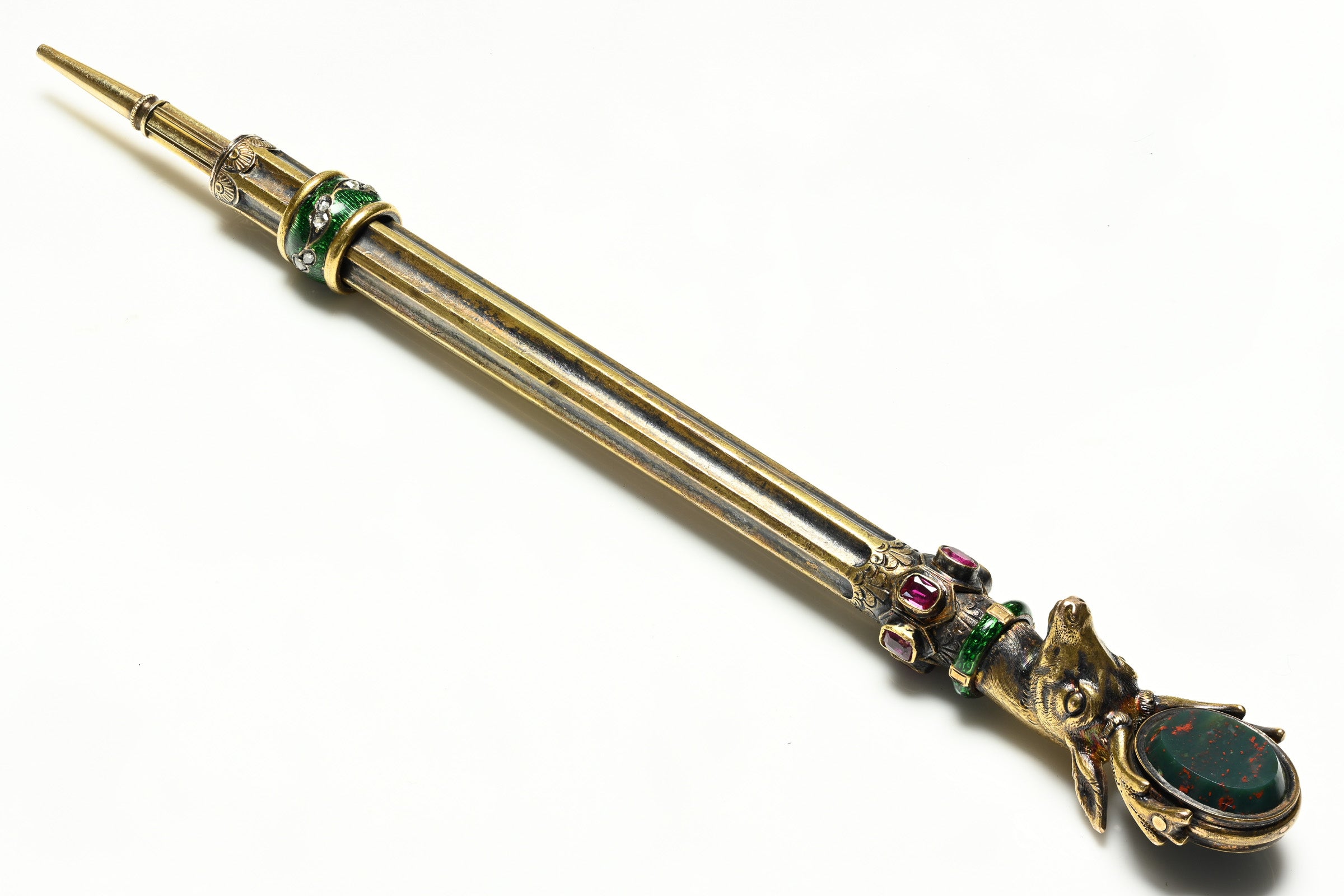 Antique Gold Mechanical Pencil and Seal with Ruby, Diamond, Enameled Deer Head