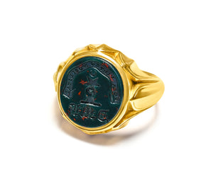 Antique Gold Bloodstone Crest Men's Ring with Monogram