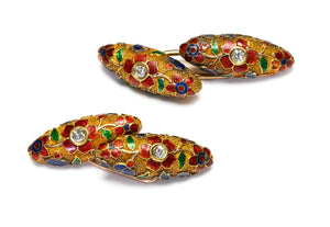 Antique Gold Multicolor Enamel Flower Cufflinks with Diamonds