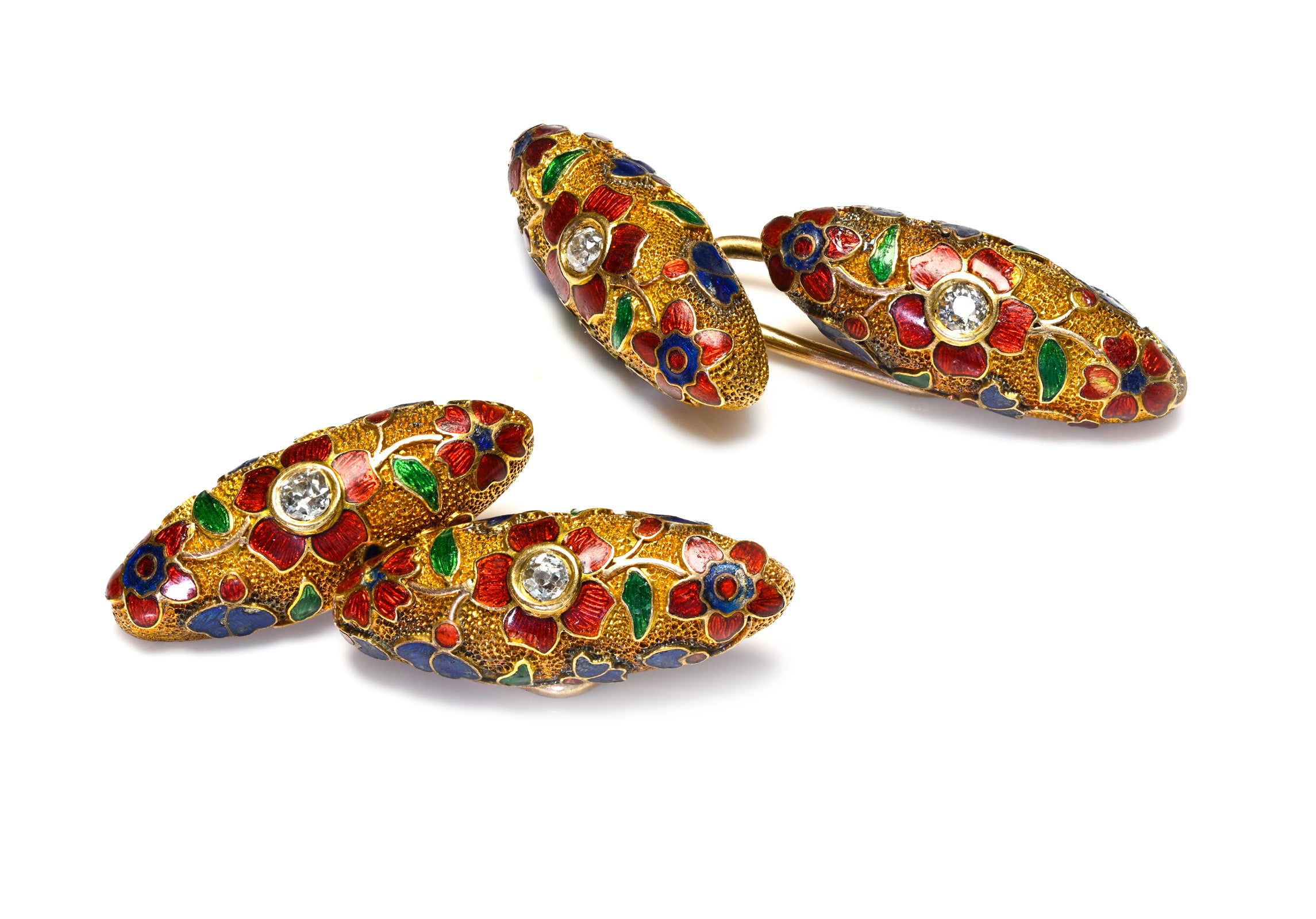 Antique Gold Multicolor Enamel Flower Cufflinks with Diamonds