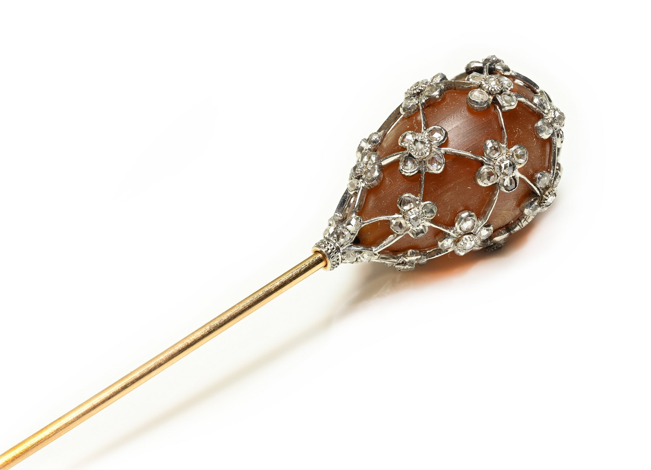 Edwardian Gold & Platinum Rose-Cut Diamond Floral Hatpin