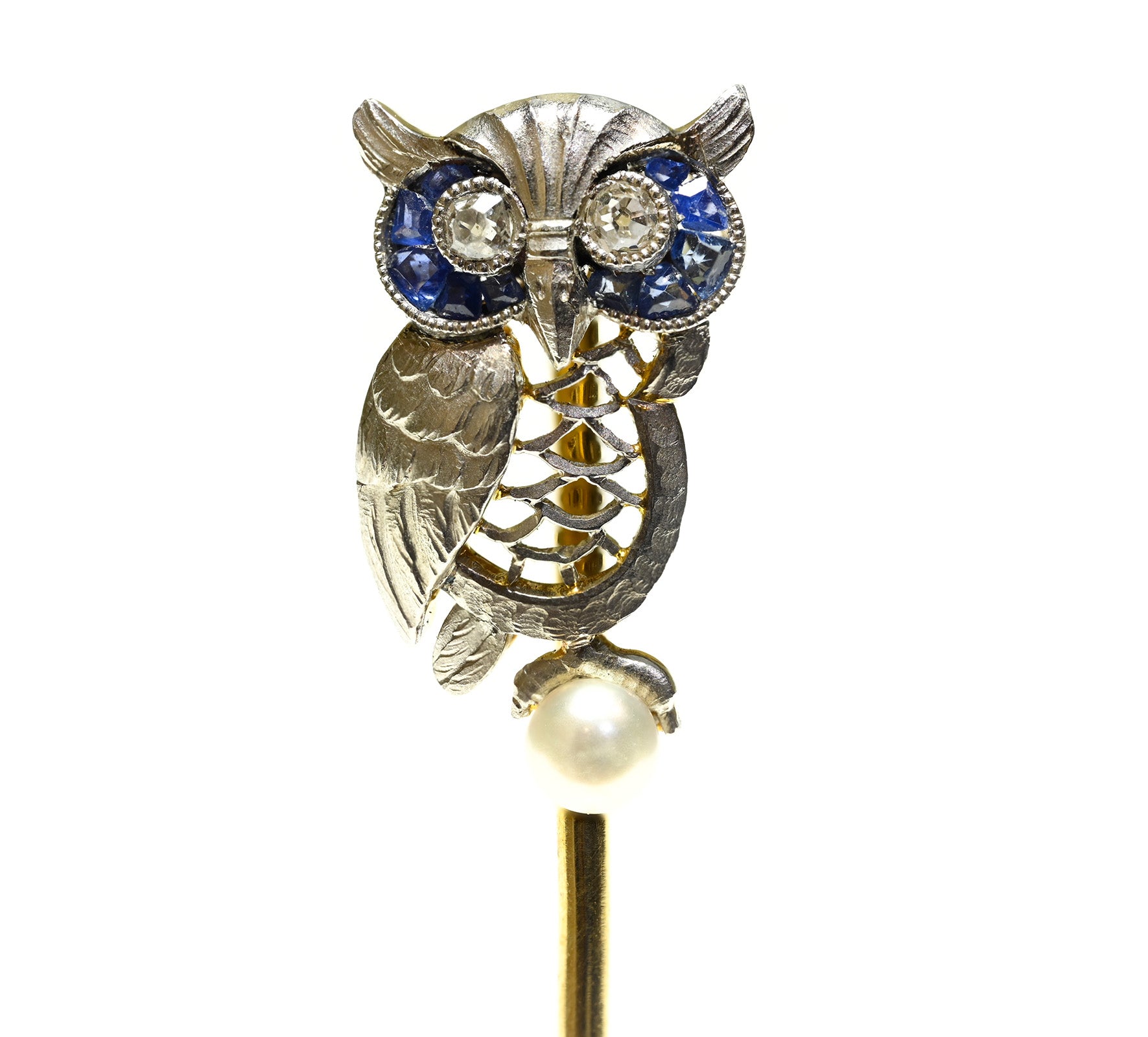 Antique Diamond and Sapphire Owl Stick Pin with Pearl in Gold and Platinum