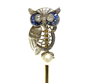 Antique Diamond Sapphire Owl Stick Pin with Pearl in Gold and Platinum