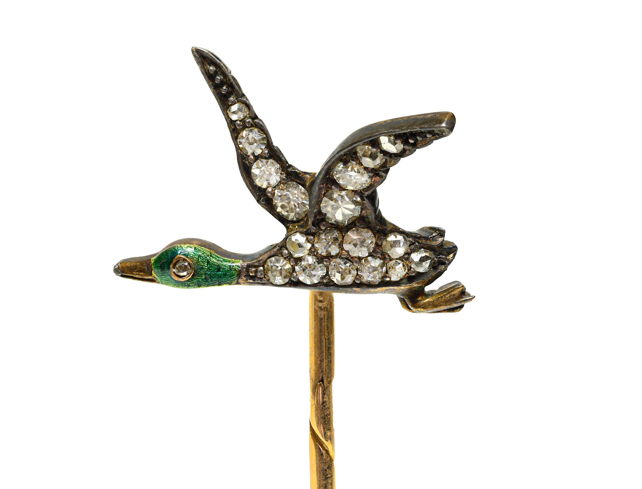 Antique Gold Silver Duck Diamond Stick Pin with Green Enamel