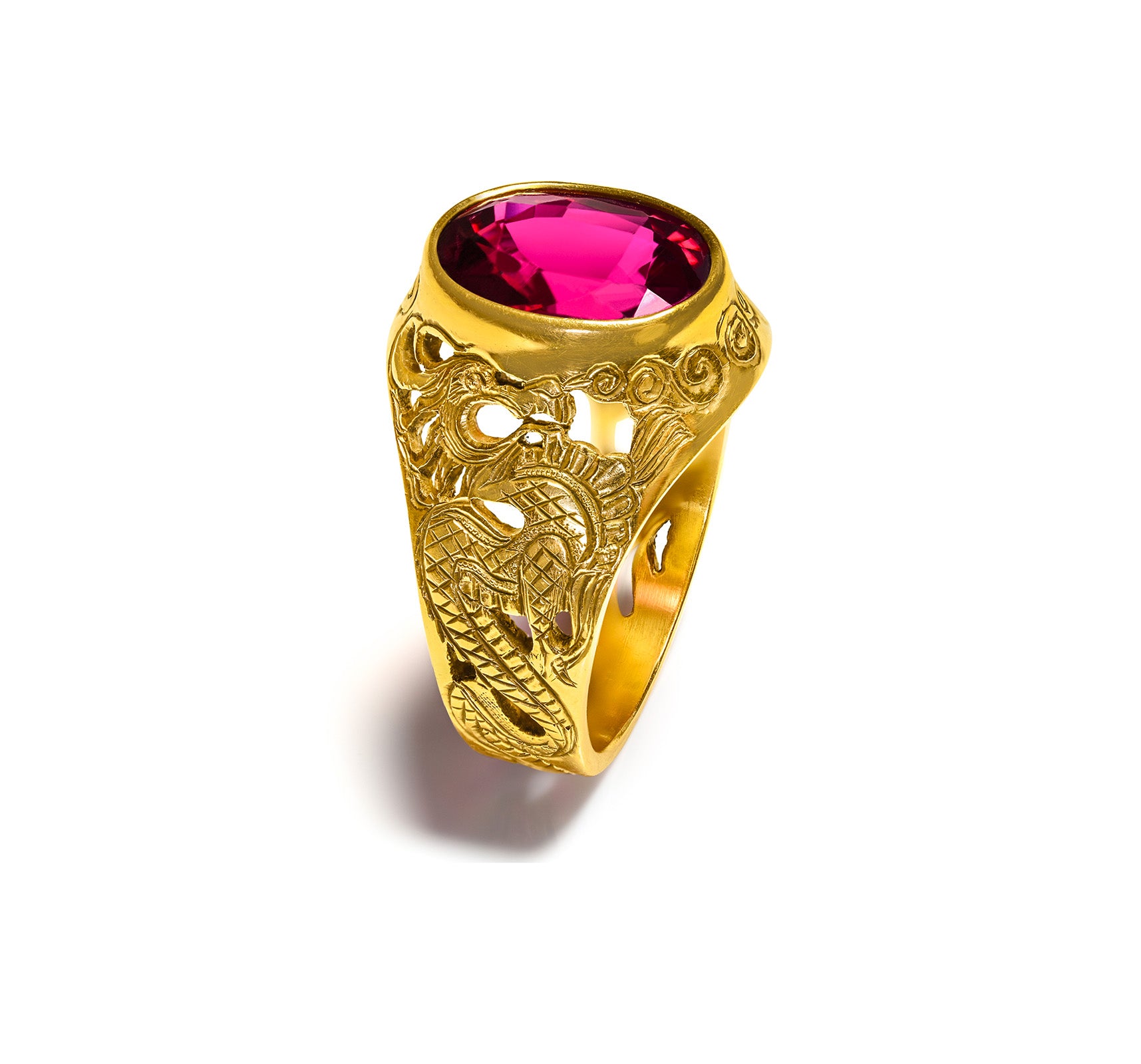 Antique Gold Tourmaline Men's Ring with Dragon Motif