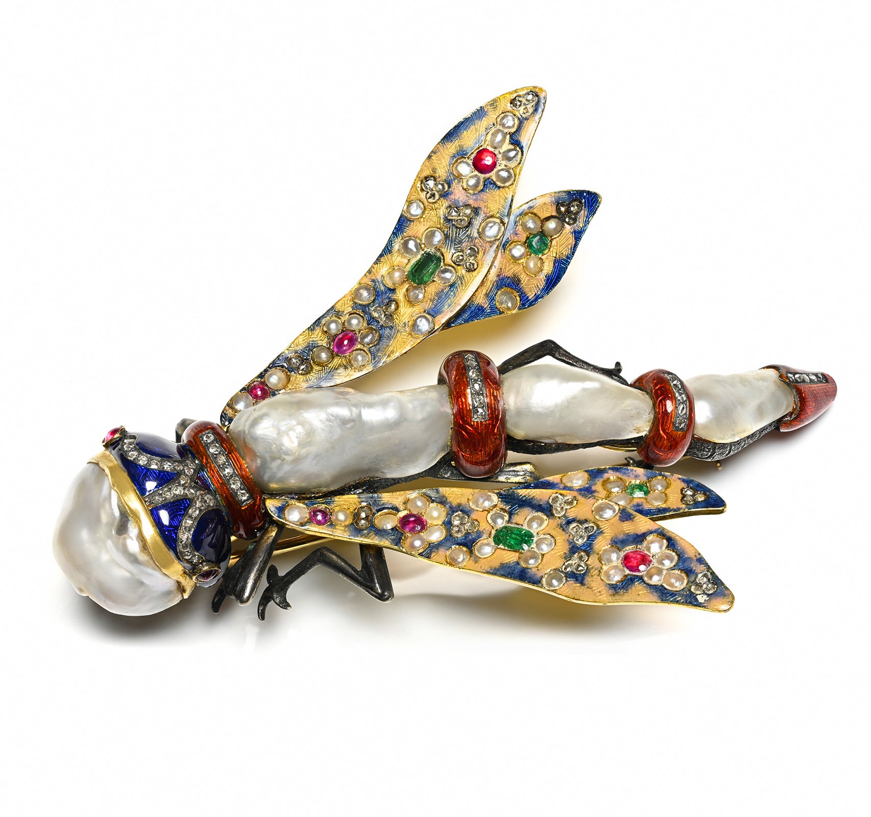 Antique 1850 Pearl Gold Enamel Gemstone Dragonfly Brooch