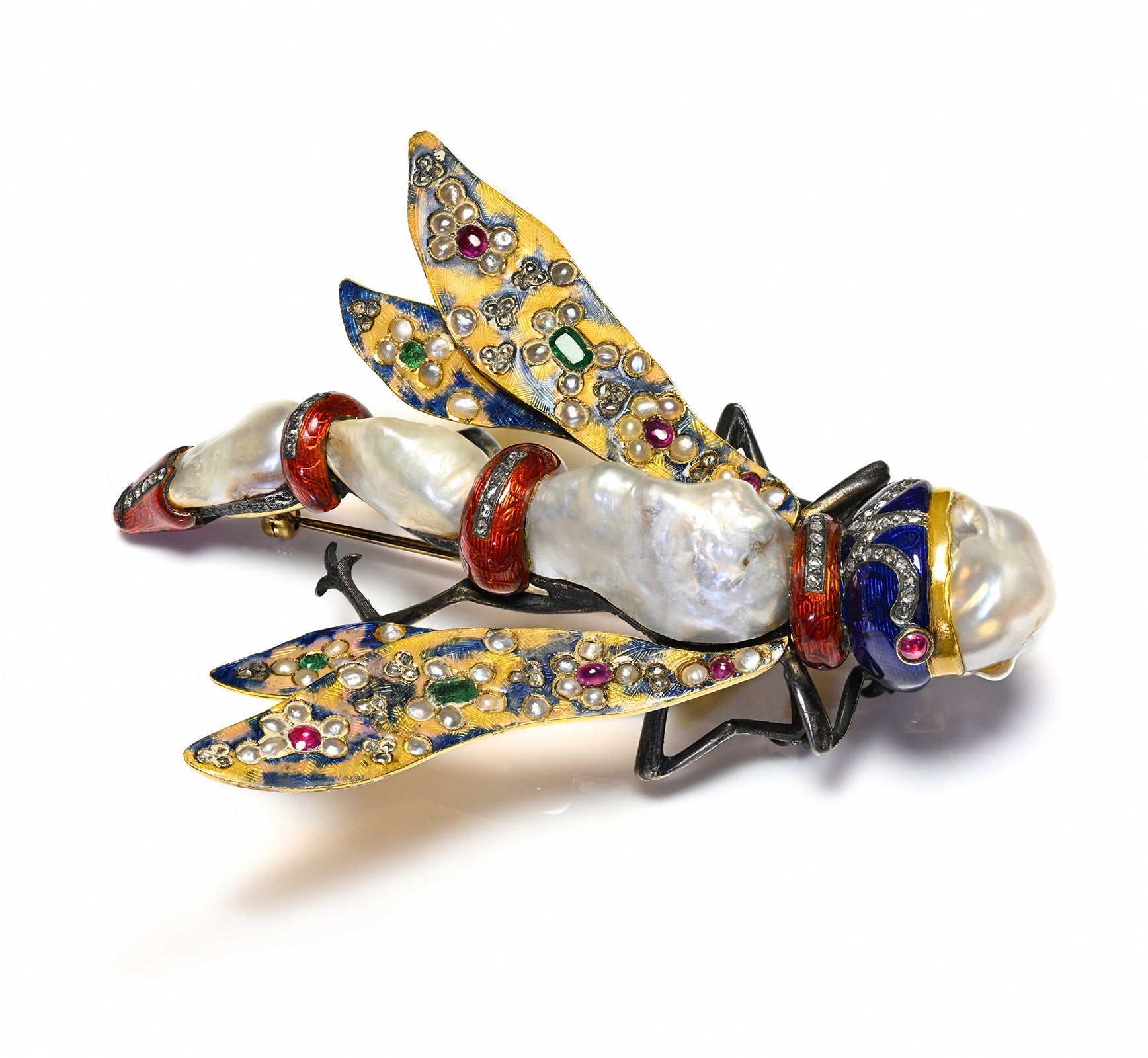 Antique 1850 Pearl Gold Enamel Gemstone Dragonfly Brooch