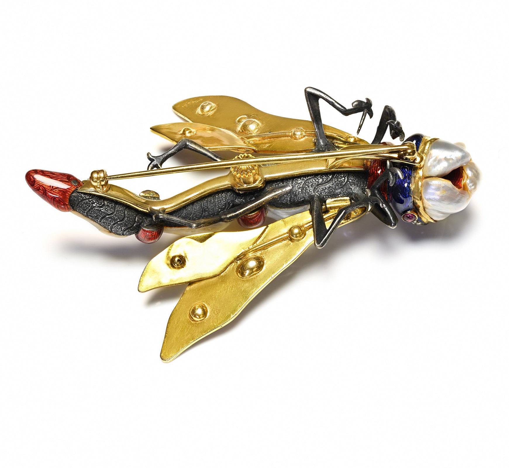 Antique 1850 Pearl Gold Enamel Gemstone Dragonfly Brooch