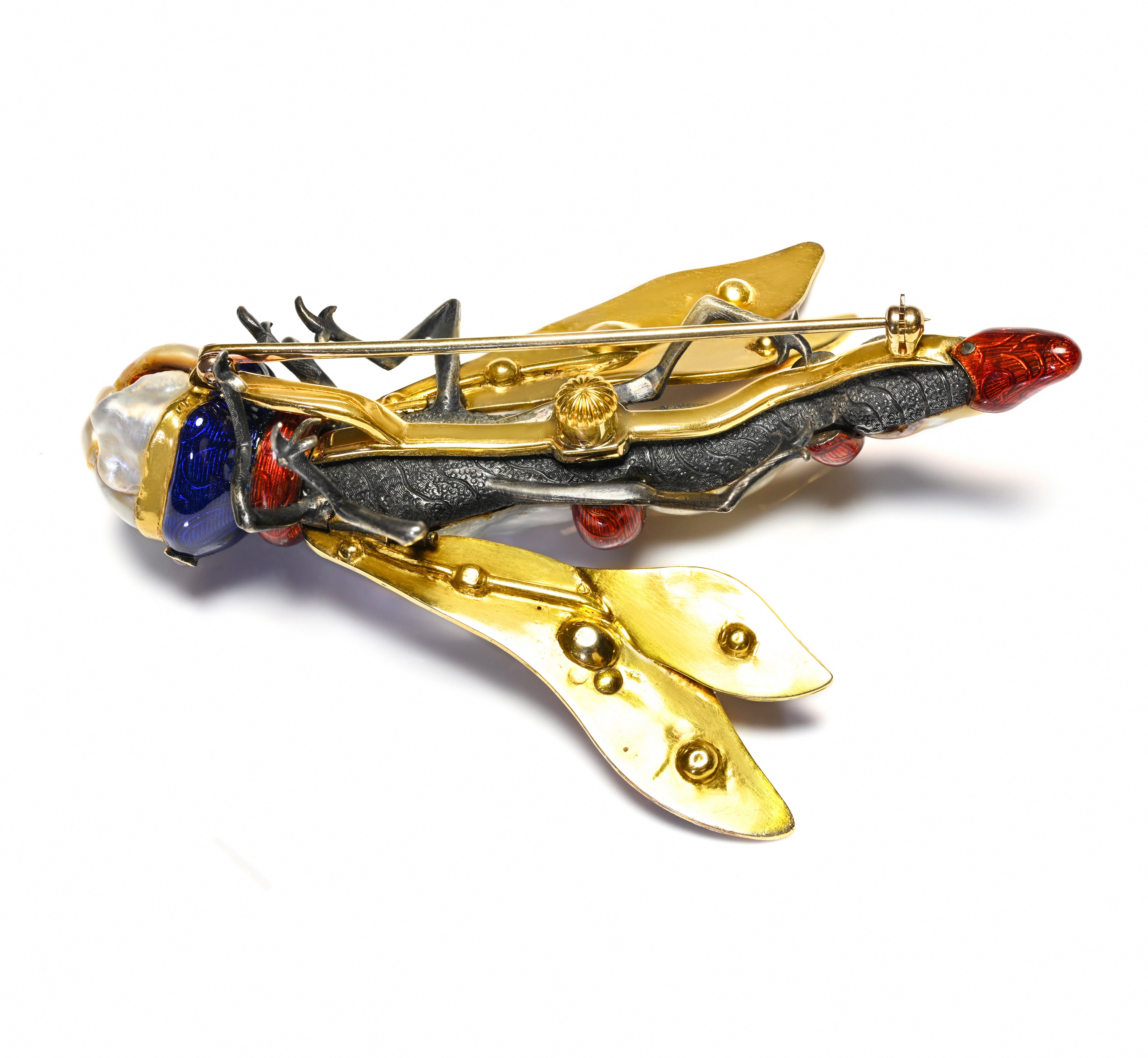 Antique 1850 Pearl Gold Enamel Gemstone Dragonfly Brooch