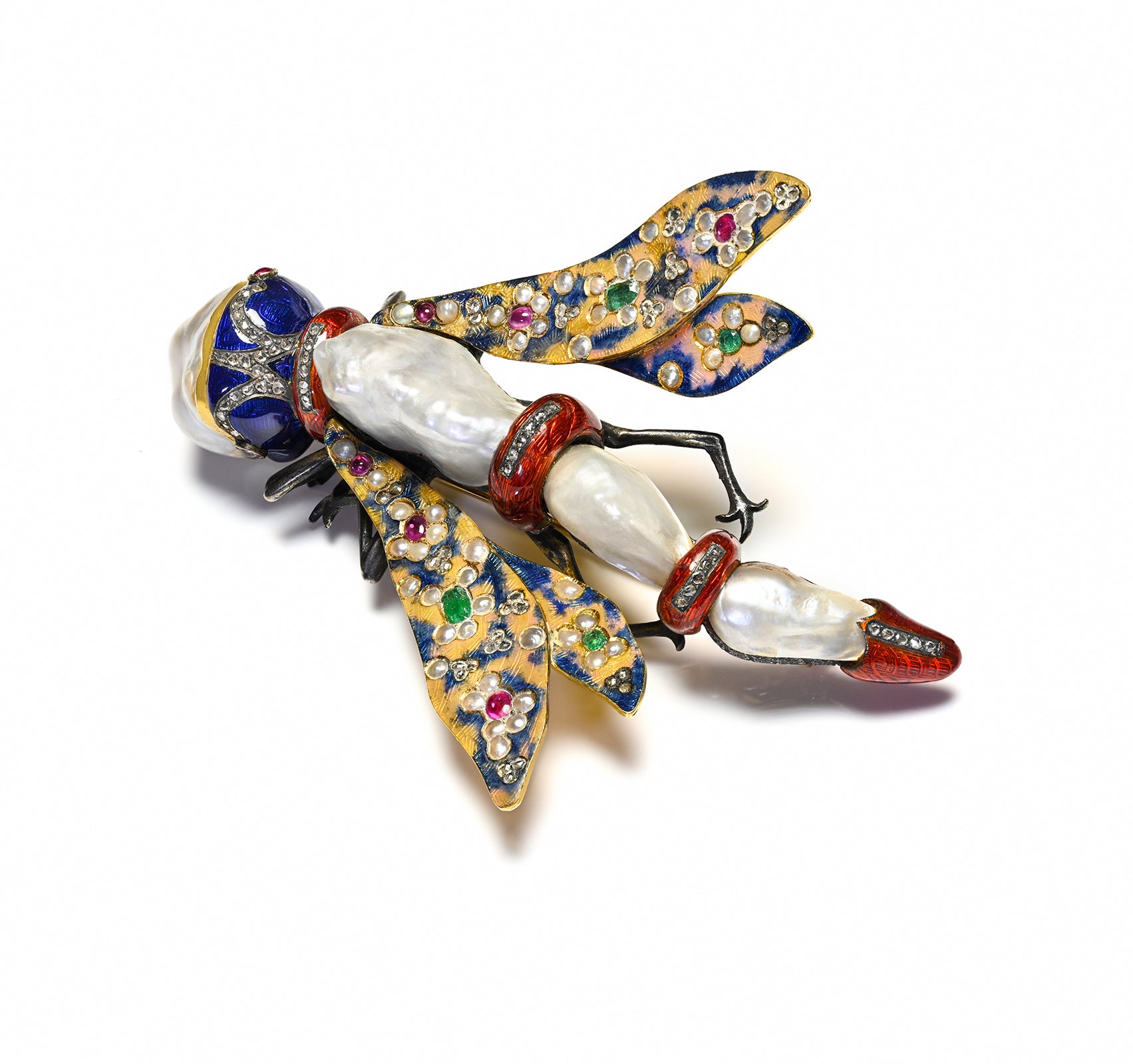 Antique 1850 Pearl Gold Enamel Gemstone Dragonfly Brooch