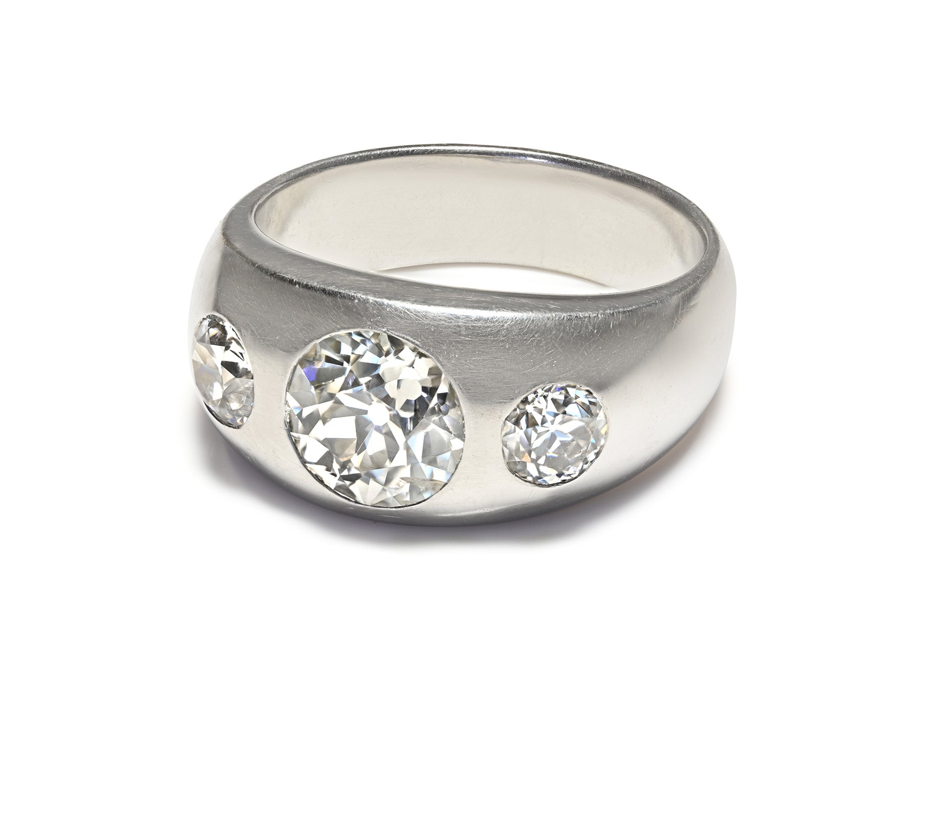 Antique Platinum 3 Mine Cut Diamond Gipsy Men's Ring 