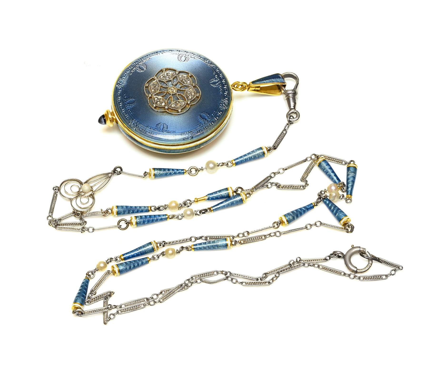 Edwardian Platinum and Gold Blue Guilloché Enamel Pendant Watch with Chain