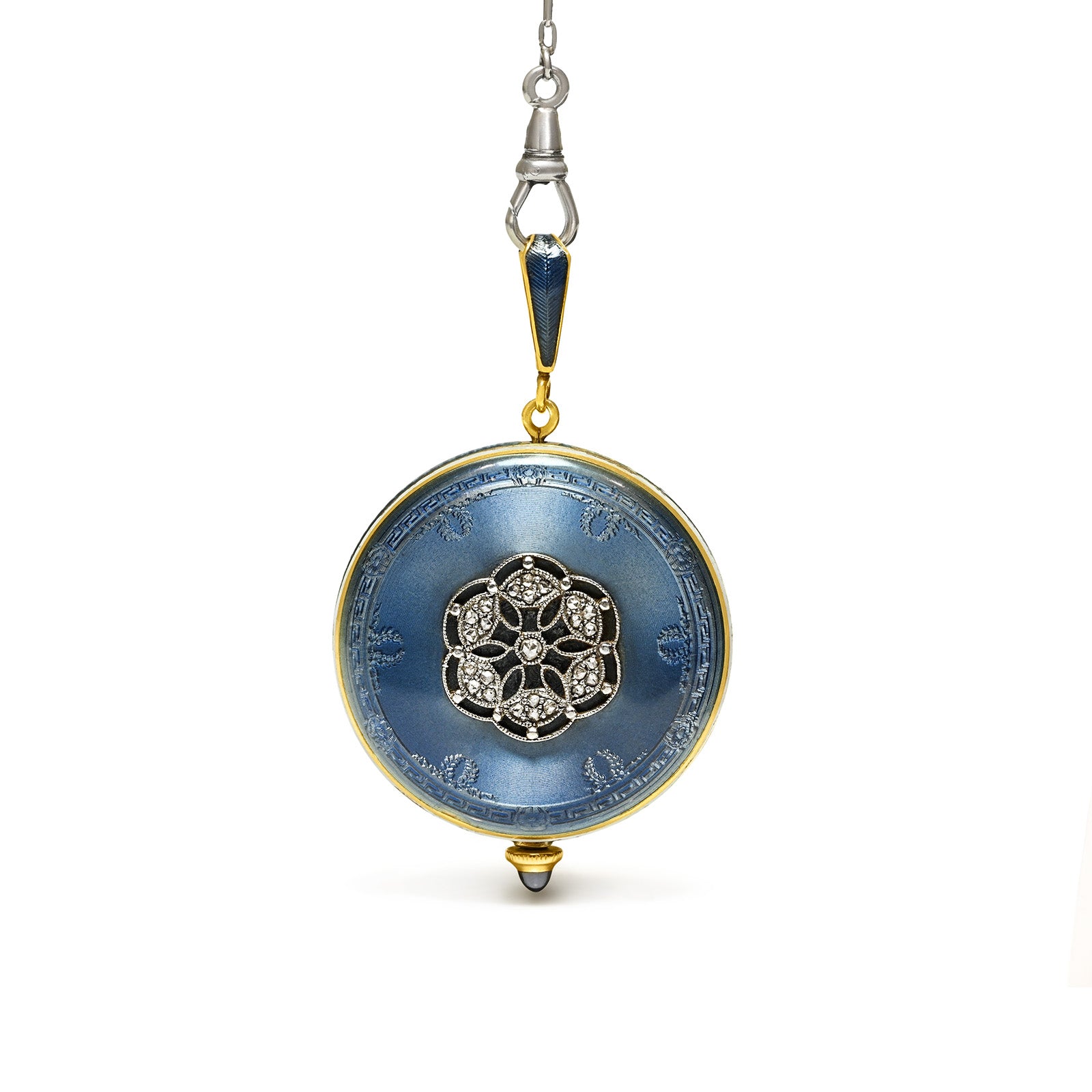 Edwardian Platinum and Gold Blue Guilloché Enamel Pendant Watch with Chain