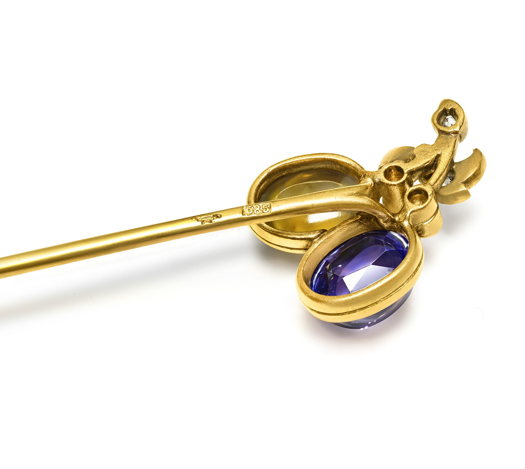 Antique Austrian Hallmarked Gold Stick Pin Sapphire, Diamond Citrine
