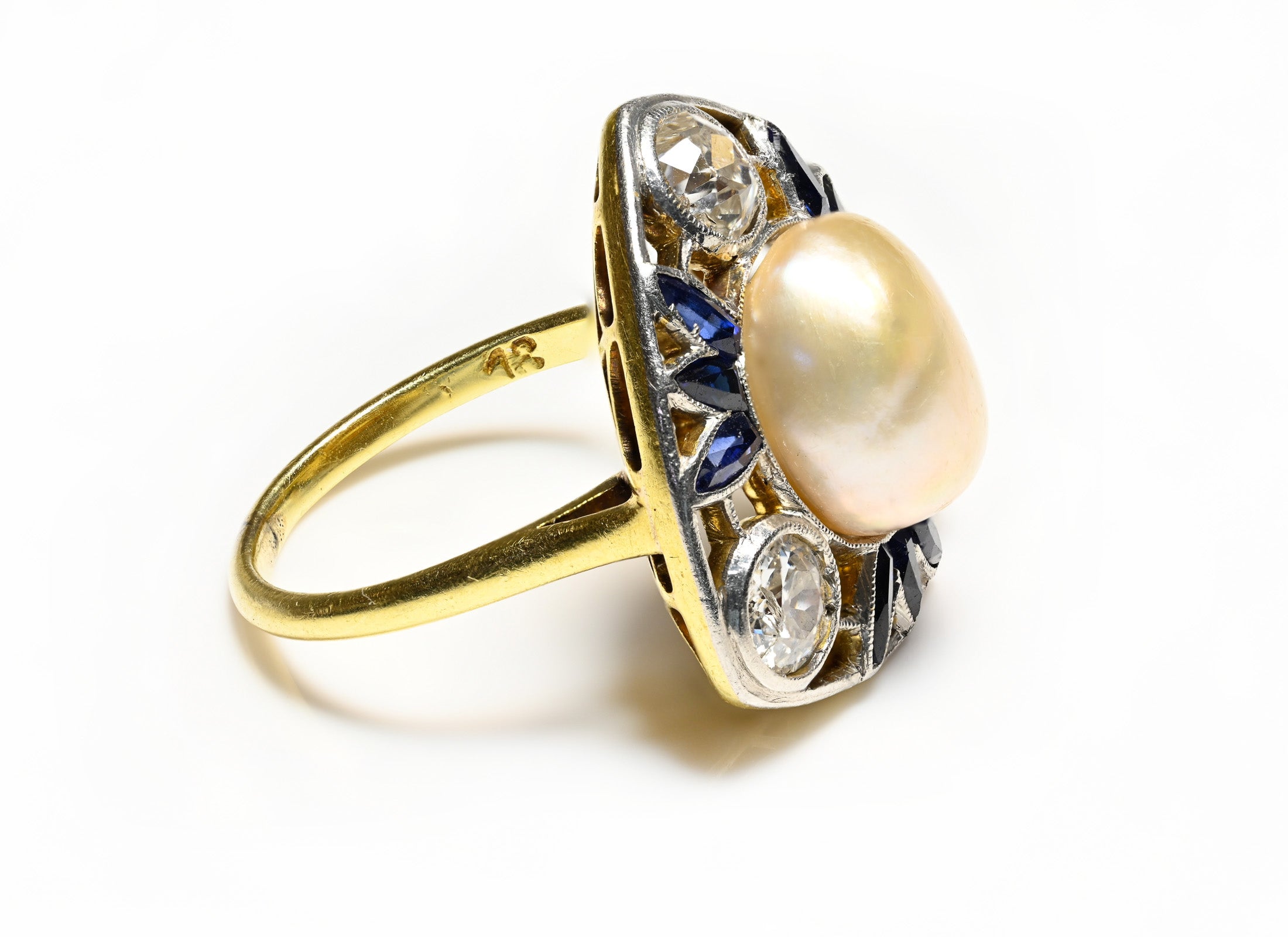 Antique 18K Gold Old Mine Cut Diamond Pearl Sapphire Triangular Ring