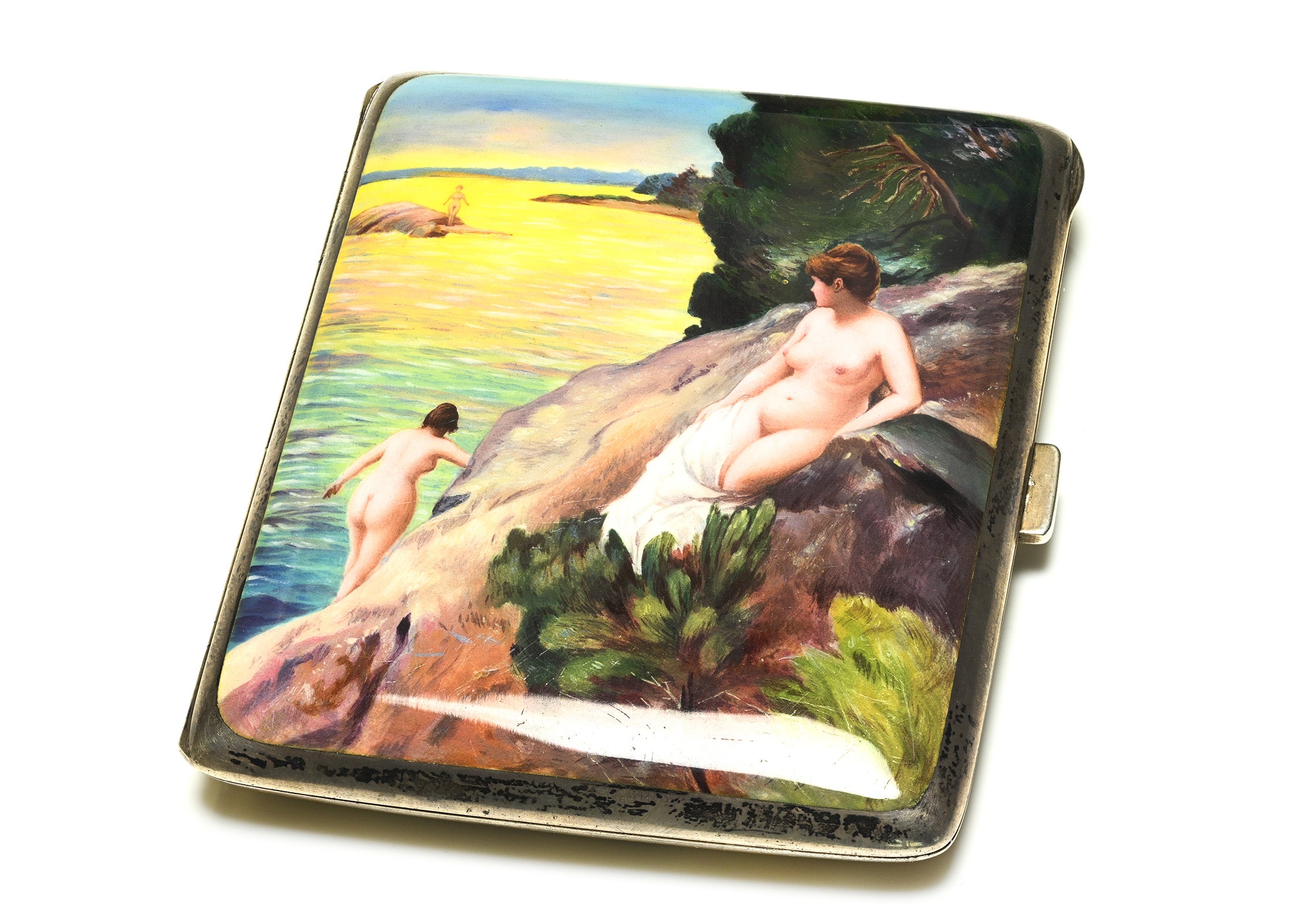 Antique Silver Enamel Case – Seaside Bathers, Early 20th Century