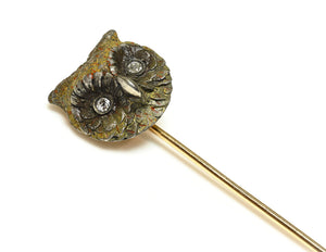 Antique Owl Stick Pin with Old Mine Cut Diamonds in Silver and Gold