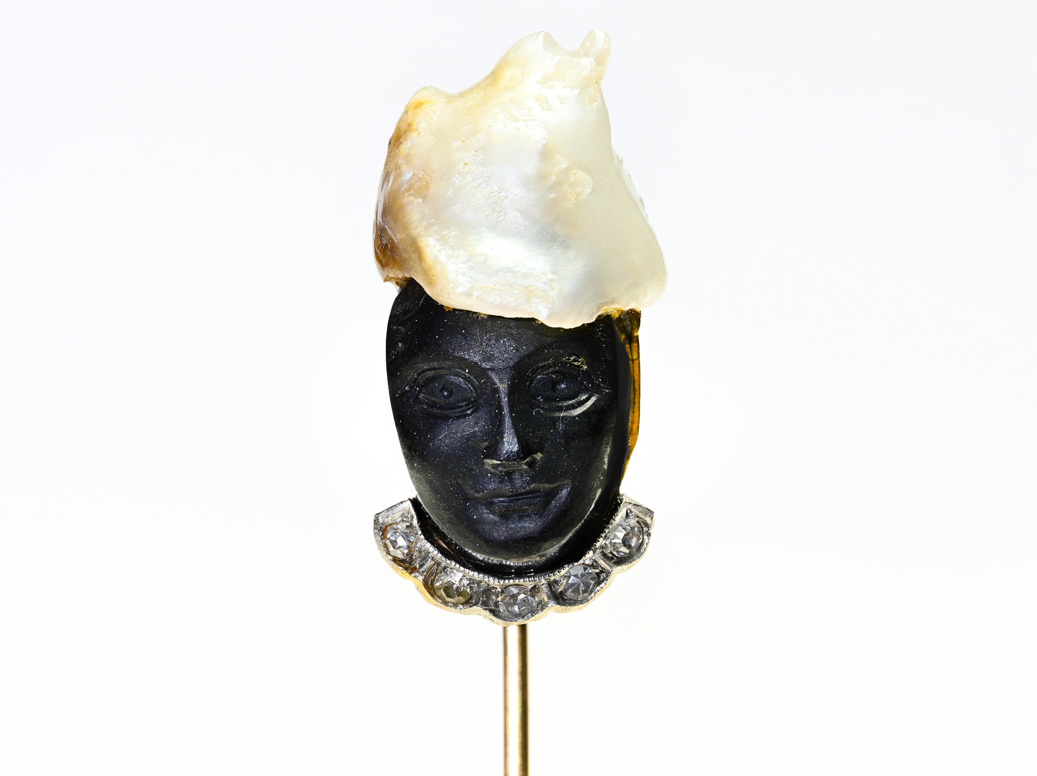 Gold Stick Pin with Freshwater Pearl, Diamond, and Carved Onyx Face