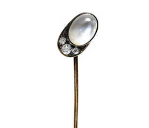 Antique Gold Stick Pin with Moonstone, Diamond, and Jockey Cap Design
