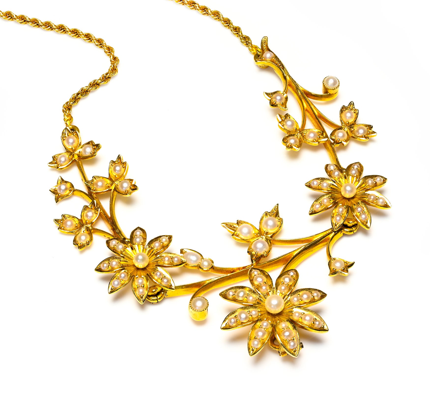 Victorian 18K Gold Pearl Floral Necklace
