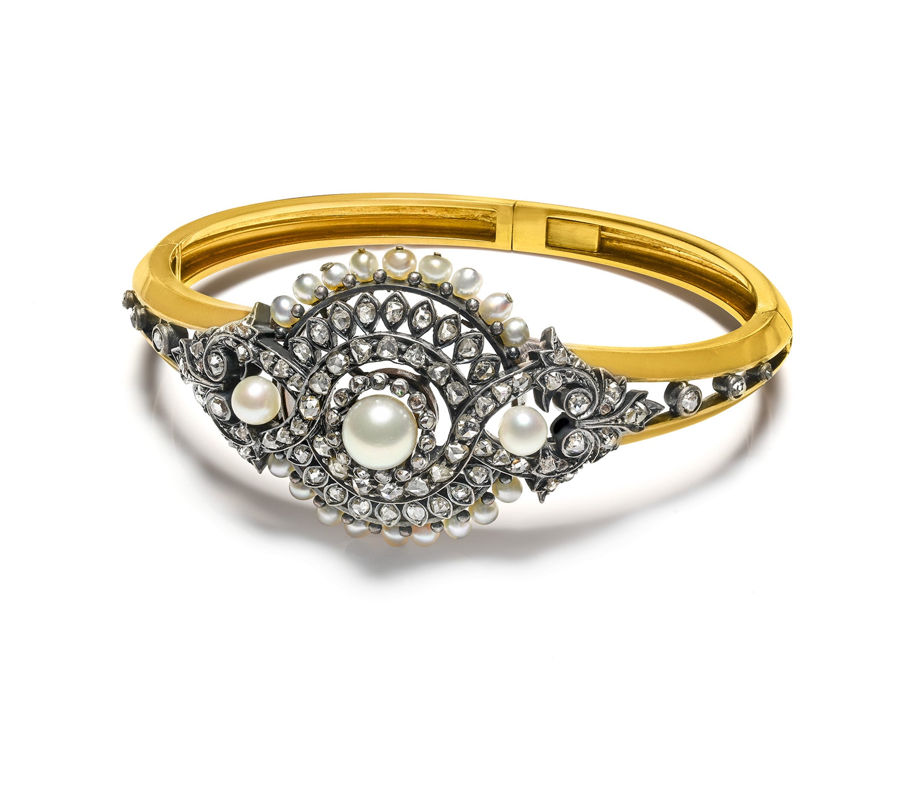Victorian Gold Diamond Pearl Bangle Bracelet
