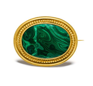 Victorian 15K Gold Malachite Brooch with Portrait Compartment on the Reverse