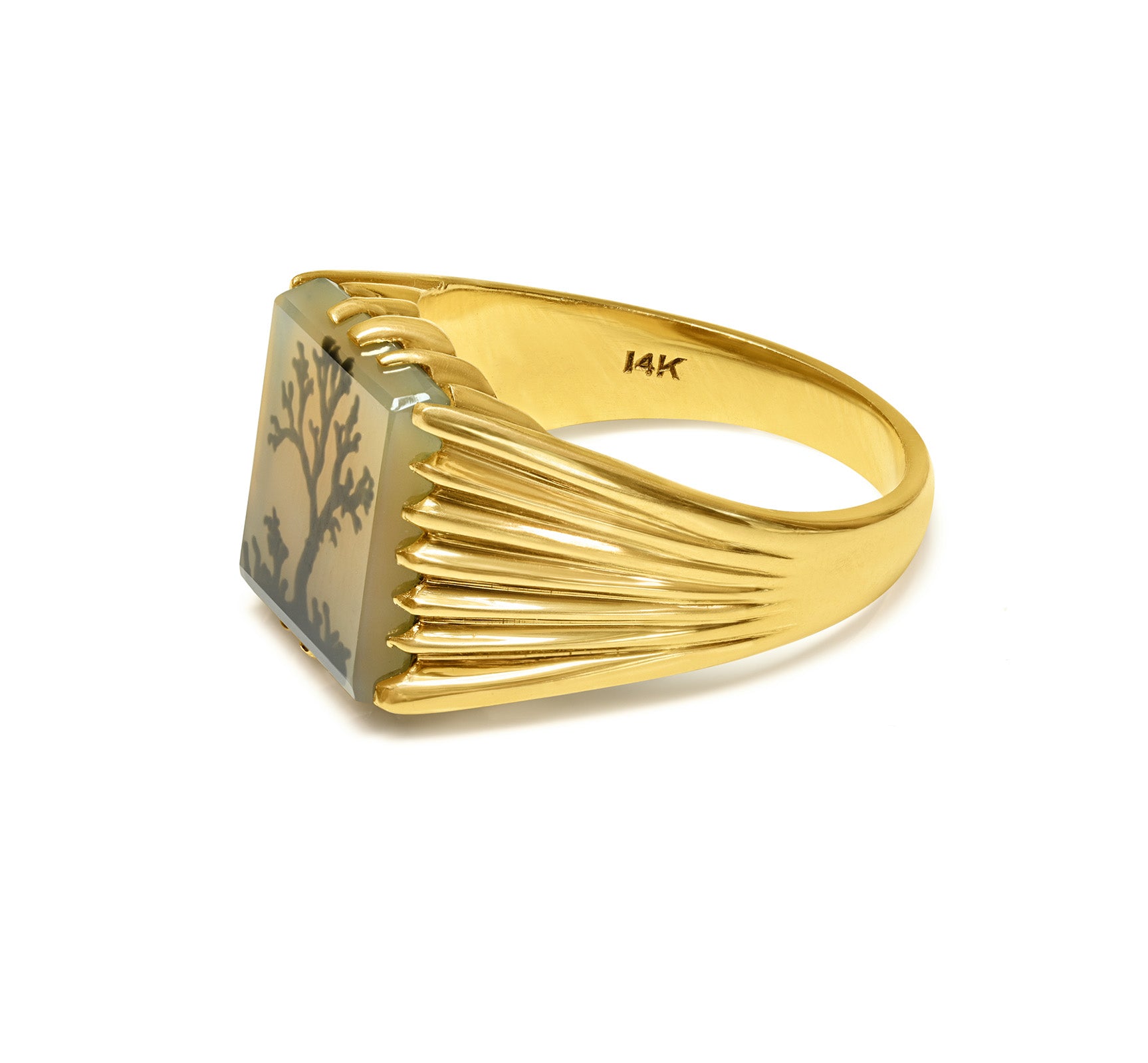 Rare Victorian Gold Scenic Agate Men’s Ring Ribbed 