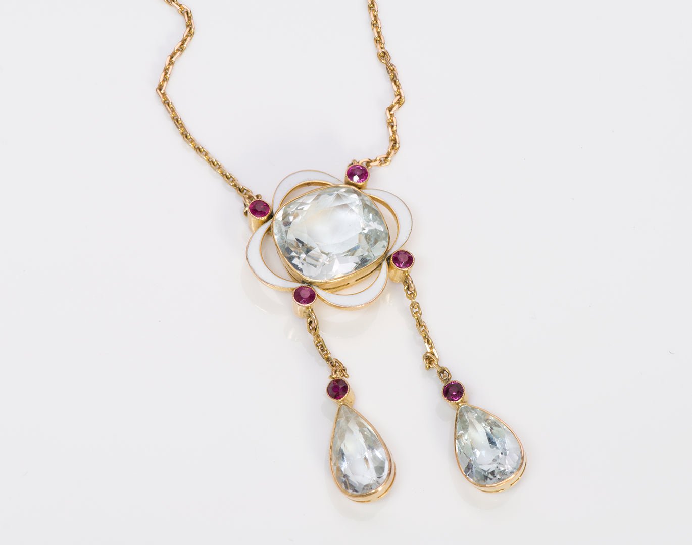 Aquamarine Ruby Enamel Gold Pendant Necklace - DSF Antique Jewelry