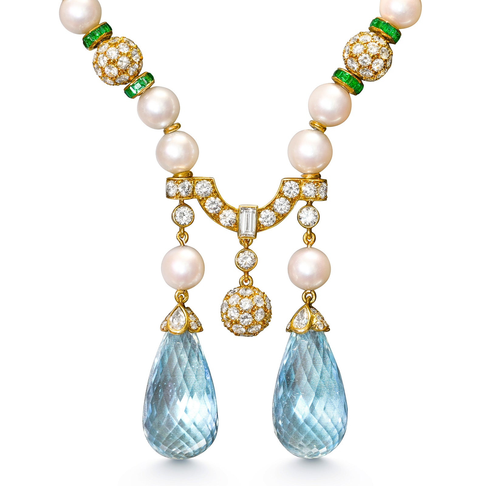 Diamond Aquamarine Briolettes Emerald Pearl 18K Gold Necklace 