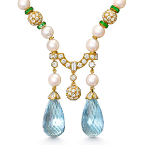 Diamond Emerald and Pearl 18K Gold Necklace with Aquamarine Briolettes