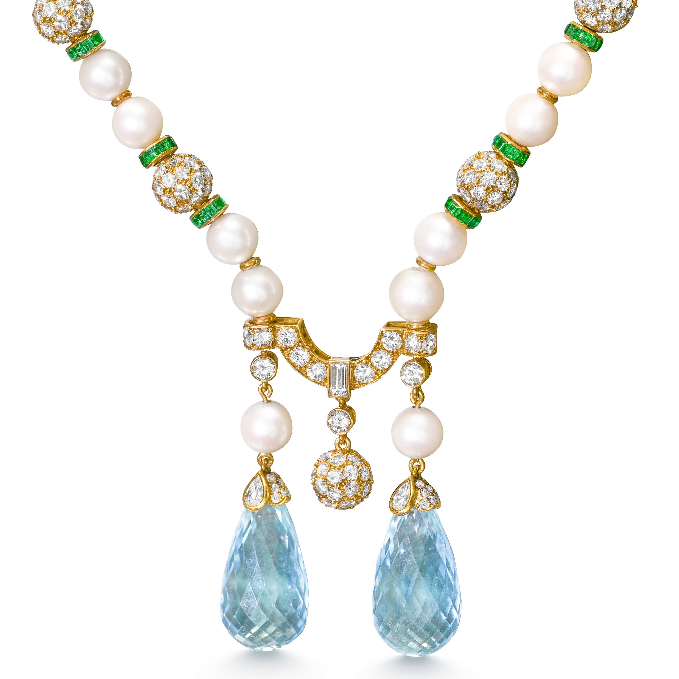 Emerald Diamond Pearl Necklace  Aquamarine Briolettes