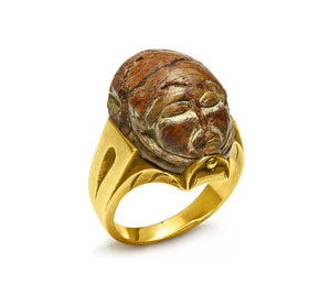 Ancient Human-Faced Scarab – Rare Archaeological Revival Gold Ring
