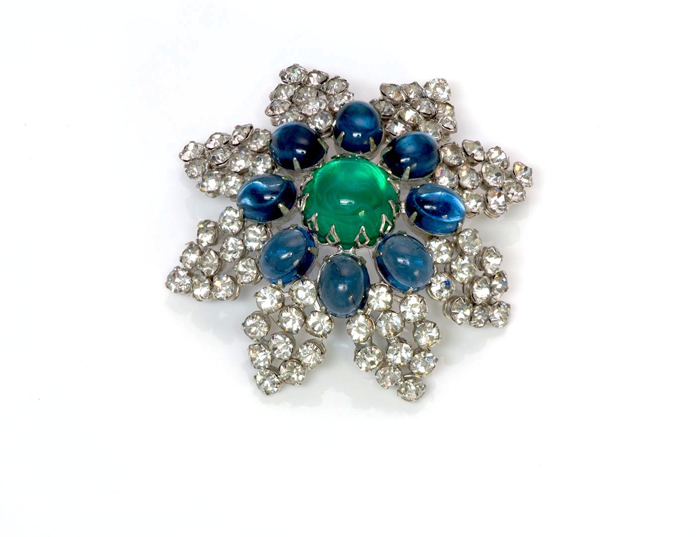 Arnold Scaasi Couture Faux Emerald Sapphire Cabochon Glass Brooch